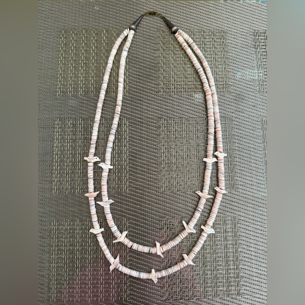 Vintage Zuni Native American Bird Fetish Double Strand Heishi Shell Necklace